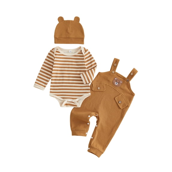 Cjfdfy Newborn Girl Boy Bear Romper Overall Infant 3pcs Outfit Set Long Sleeve Striped Romper Bear Embroidery Overall Suspender Pants Hat Sets Cute Bear Fall Winter Outfits Bodysuit 0-18 Months