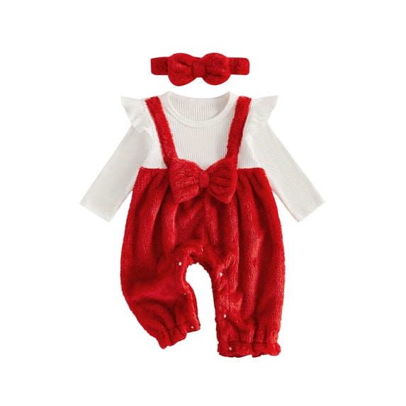 Cjfdfy Newborn Girl Christmas Fall Outfit Christmas Bow Plush Patchwork Jumpsuit Long Sleeve Ribbed Romper With Bow Headband Cute My First Christmas Fall Winter Outfit