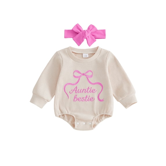 Cjfdfy Newborn Girl Outfit Long Sleeve Crew Neck Letters Bow Romper With Hairband Fall Clothes Aunties Bestie Baby Girl Clothes Letter Embroidery Waffle Fall Bodysuit Coming Home Outfit