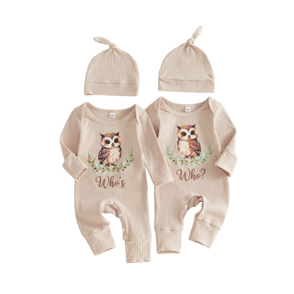 Cjfdfy Newborn Twins Matching Outfits for Baby Boy Girl Hospital Going Home Outfit Spring Fall Winter Clothes Owl Print Ribbed Rompers Long Sleeve Jumpsuits Hat 2Piece Set