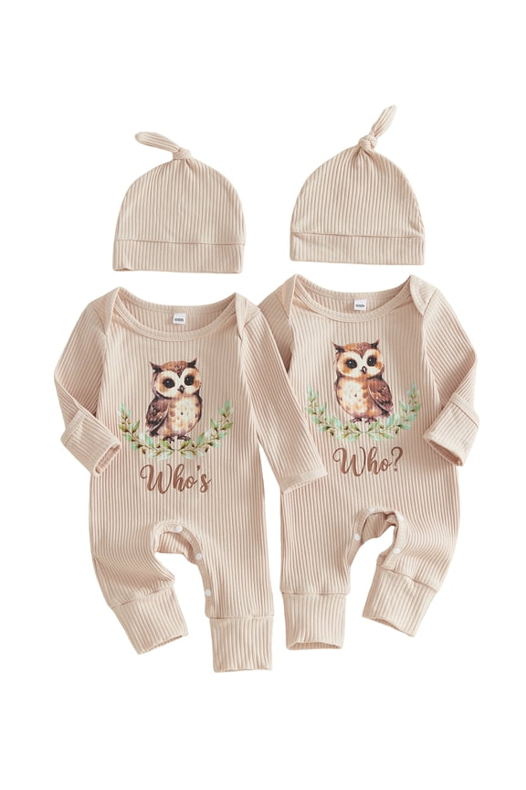 Newborn Twins Matching Outfits for Baby Boy Girl Hospital Going Home Outfit Spring Fall Winter Clothes Owl Print Ribbed Rompers Long Sleeve Jumpsuits Hat 2Piece Set