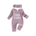 thumbnail image 1 of Cjfdfy Preemie Newborn Baby Girl Fall Outfit, Long Sleeve Little Sister Embroidered Letter Collar Jumpsuit Headwear 2-piece Set Cute Knit Jumpsuit Coming Home Fall Winter Outfit, 1 of 9