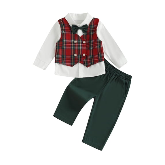 Cjfdfy Toddler Baby Boy Christmas Gentleman Outfit Button Long Sleeve Shirt With Bow Tie And Plaid Vest Elastic Pants 3Pcs Kids Cute My First Christmas Fall Winter Formal Outfits 6M-8Y