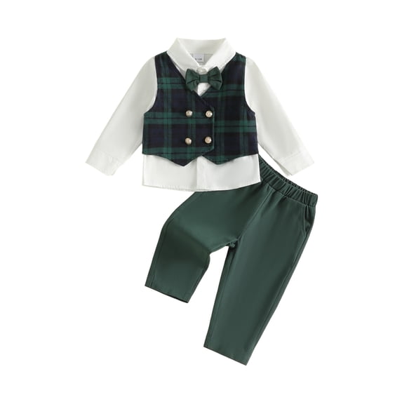 Cjfdfy Toddler Baby Boy Christmas Gentleman Outfit Button Long Sleeve Shirt With Bow Tie And Plaid Vest Elastic Pants 3Pcs Kids Cute My First Christmas Fall Winter Formal Outfits 6M-8Y