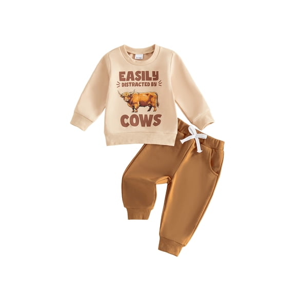 Cjfdfy Toddler Baby Boy Farm Fall Outfit Easily Distracted By Cows Print Long Sleeve Sweatshirt With Pant Cute Baby Fall Outdoor Fall Winter Outfit 6M-4T