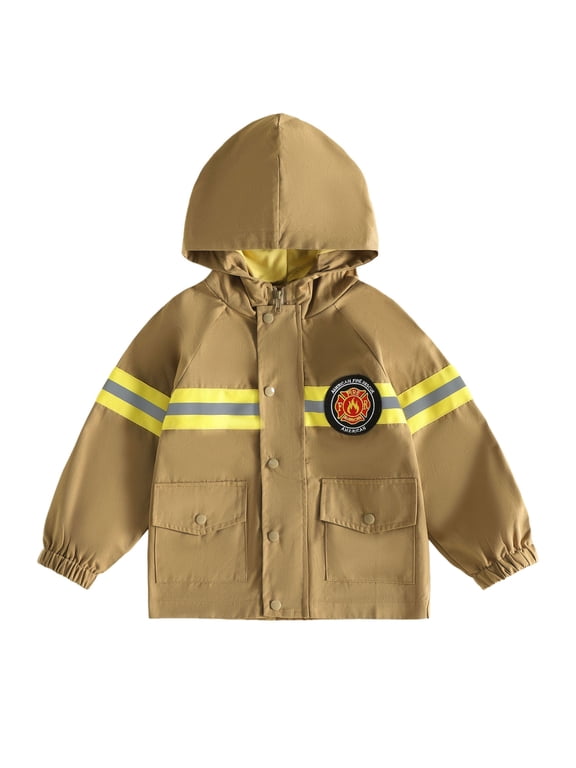Toddler Baby Boy Firefighter Jacket With Pockets Zip Up Hooded Long Sleeve Coat With Reflective Stripes Dept Baby Outdoor Wear Halloween Costume Hooded Jacket 18M-6Y