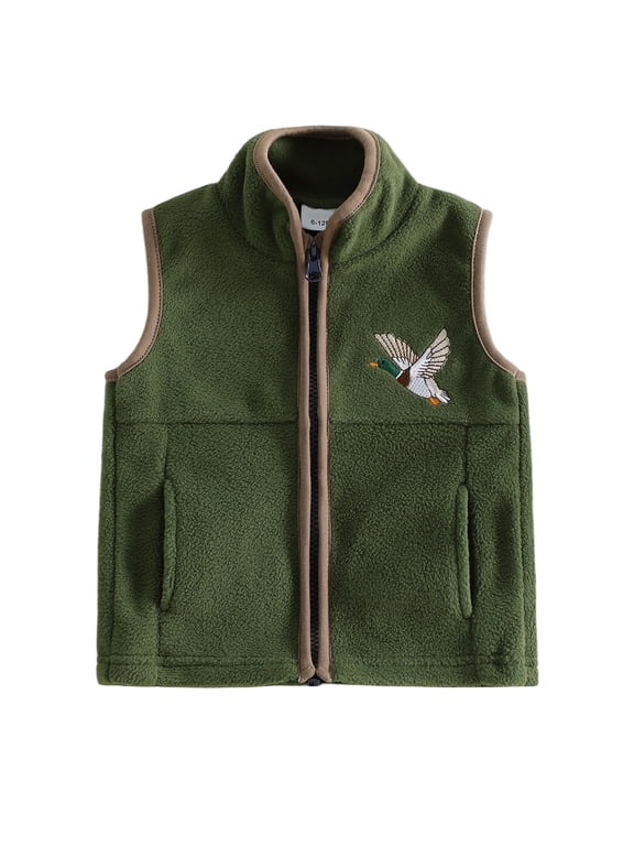 Toddler Baby Boy Fleece Vest Stand Collar Mallard Duck Embroidery Zipper Front Sleeveless Jacket With Pockets,Fall Winter Warm Jacket, Fall Winter Outwear Plush Coat