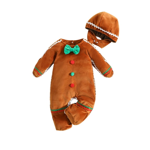 Cjfdfy Toddler Baby Boy Girl Christmas Outfit Gingerbread Man Costume Fall Winter Clothes Footed Romper Bowtie Warm Velvet Casual Long Sleeve Footie Jumpsuit and Hat