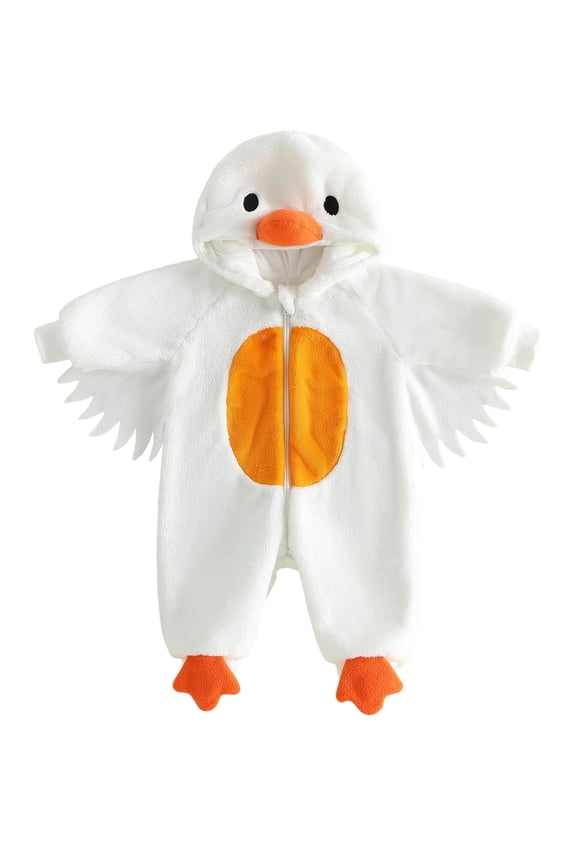 Toddler Baby Boy Girl Fall Winter Clothes Newborn Infant Kids Halloween Duck Outfit Warm Plush Hooded Romper One Piece Long Sleeve Zipper Animal Jumpsuit