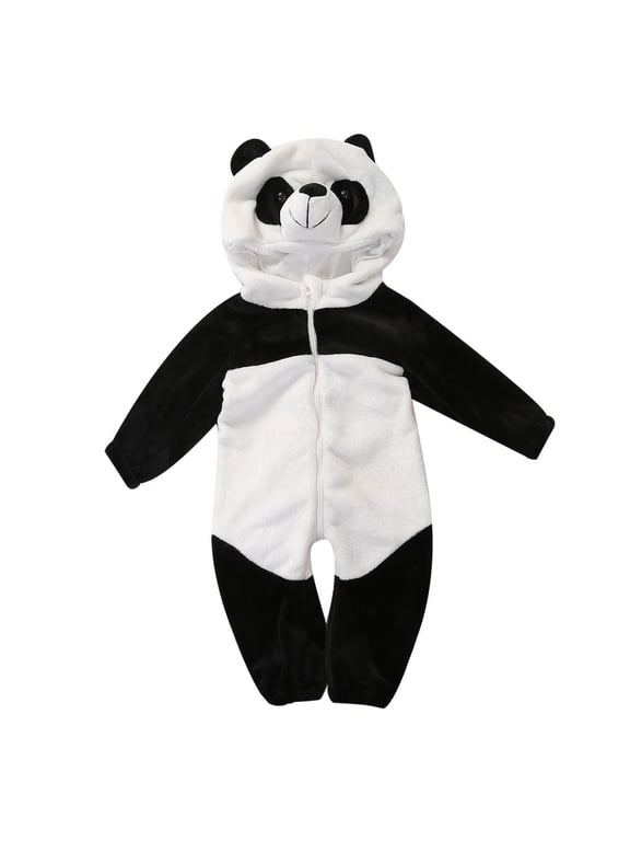 Toddler Baby Boy Girl Fall Winter Clothes Newborn Infant Kids Halloween Panda Costume Warm Plush Hooded Romper One Piece Animal Outfit Long Sleeve Zipper Jumpsuit