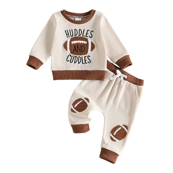 Cjfdfy Toddler Baby Boy Girl Game Day Fall Outfit Football Huddles And Cuddles Embroidered Long Sleeve Sweatshirt And Joggers Cute My First Football Season Fall Winter Outfit 0-3Y