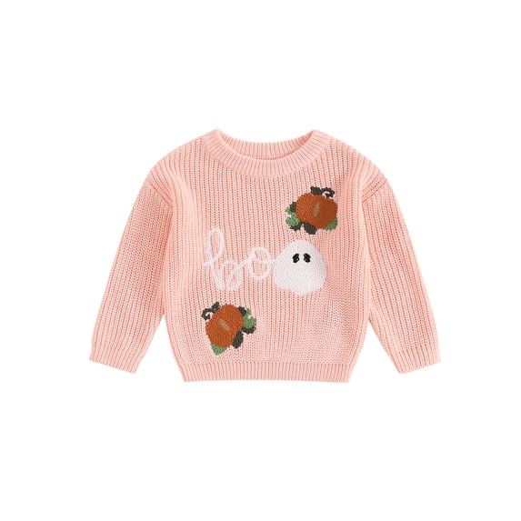 Cjfdfy Toddler Baby Boy Girl Halloween Outfit Fall Winter Knit Sweaters Ghost Pumpkin Letter Long Sleeve Round Neck Ribbed Knitted Sweater Pullover Tops