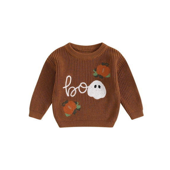 Cjfdfy Toddler Baby Boy Girl Halloween Outfit Fall Winter Knit Sweaters Ghost Pumpkin Letter Long Sleeve Round Neck Ribbed Knitted Sweater Pullover Tops