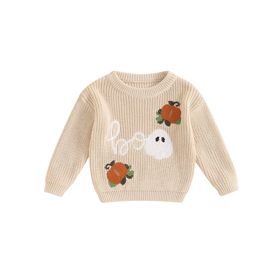 Cjfdfy Toddler Baby Boy Girl Halloween Outfit Fall Winter Knit Sweaters Ghost Pumpkin Letter Long Sleeve Round Neck Ribbed Knitted Sweater Pullover Tops