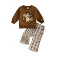 thumbnail image 1 of Cjfdfy Toddler Baby Boy Girl Thanksgiving Outfit Turkey Football Embroidery Long Sleeve Pullover Plaid Flare Pants Little Baby Cute My First Thanksgiving Fall Winter Outfit 6M-4Y, 1 of 9