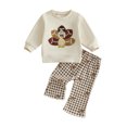 thumbnail image 1 of Cjfdfy Toddler Baby Boy Girl Thanksgiving Outfit Turkey Football Embroidery Long Sleeve Pullover Plaid Flare Pants Little Baby Cute My First Thanksgiving Fall Winter Outfit 6M-4Y, 1 of 9