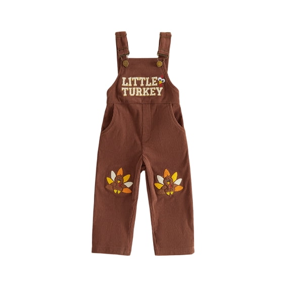Cjfdfy Toddler Baby Boy Girls Thanksgiving Overalls Little Turkey Embroidery Corduroy Sleeveless Jumpsuit With Knee Patches Thanksgiving Turkey Suspender Pants 1-5Y ﻿