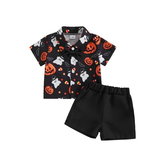 Cjfdfy Toddler Baby Boy Halloween Outfits Pumpkin Ghost Print Short Sleeve Bowtie Shirts And Shorts Little Baby Cute My First Halloween Clothes 6M-4Y