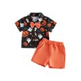 thumbnail image 1 of Cjfdfy Toddler Baby Boy Halloween Outfits Pumpkin Ghost Print Short Sleeve Bowtie Shirts And Shorts Little Baby Cute My First Halloween Clothes 6M-4Y, 1 of 9