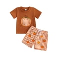 thumbnail image 1 of Cjfdfy Toddler Baby Boy Halloween Thanksgiving Outfits Infant Baby Boys Summer Fall Clothes Pumpkin Embroidery Short Sleeve Pumpkin T Shirt Tops and Elastic Waist Plaid Shorts 2Pcs Set, 1 of 9