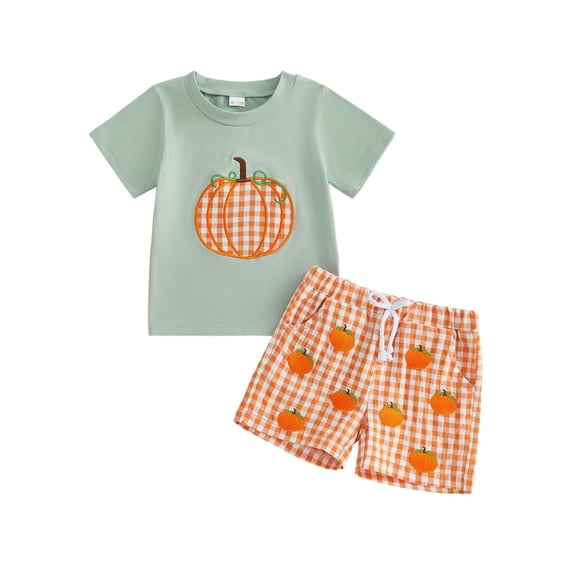 Cjfdfy Toddler Baby Boy Halloween Thanksgiving Outfits Infant Baby Boys Summer Fall Clothes Pumpkin Embroidery Short Sleeve Pumpkin T Shirt Tops and Elastic Waist Plaid Shorts 2Pcs Set