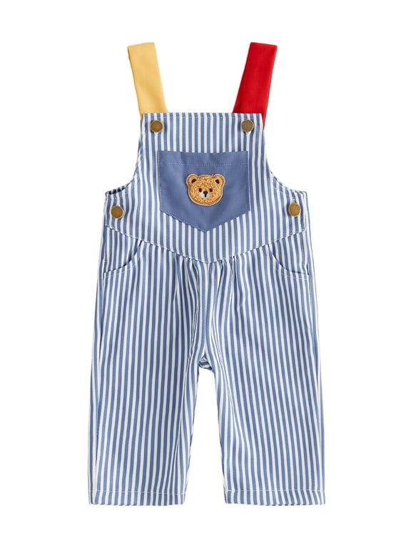 Toddler Baby Boy Striped Jumpsuits Duck Bear Applique Sleeveless Overall Pants With Pocket Toddler Hunting Clothes Little Baby Coming Home Outfit 3M-3Y