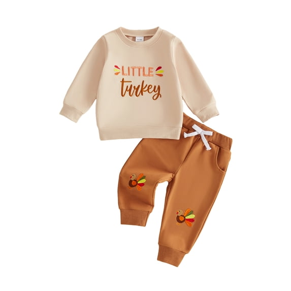 Cjfdfy Toddler Baby Boy Thanksgiving Outfit Little Turkey Homemade Rolls Print Long Sleeve Sweatshirt And Pants Cute My First Thanksgiving Holiday Fall Winter Outfit 6M-4Y 