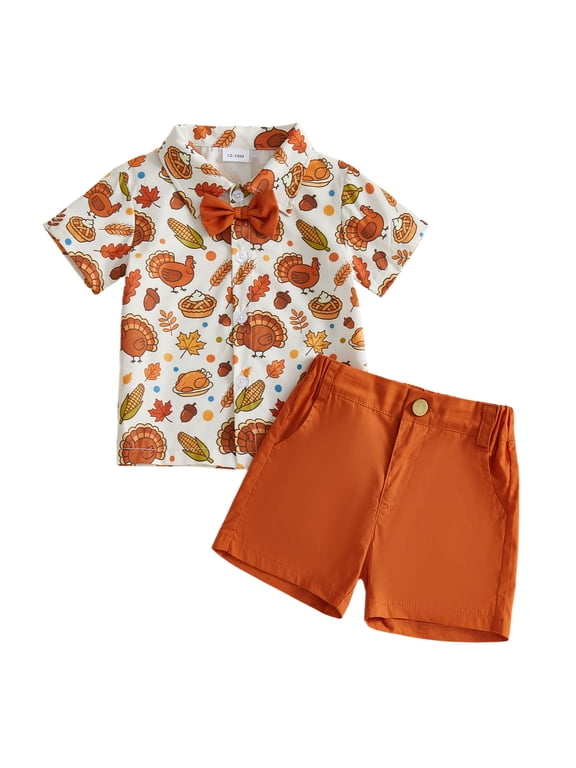 Toddler Baby Boy Thanksgiving Outfit Turkey Printed Short Sleeve Bowtie Shirt And Shorts Little Baby Holiday Gentleman Set Cute First Thanksgiving Holiday Fall Winter Outfit