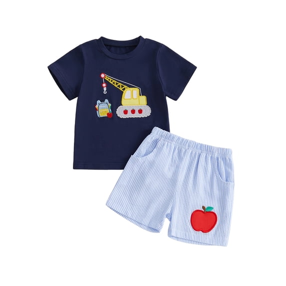 Cjfdfy Toddler Baby Boys Back to School Outfits Kids Kindergarten Outfits Baby Boy First Day of School Outfit Apple in Tractor Embroidery Short Sleeve T Shirt Tops and Striped Pockets Shorts Set