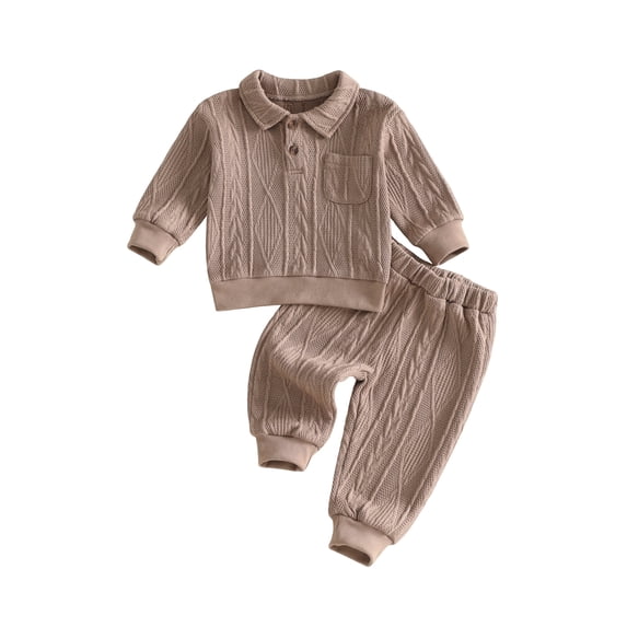 Cjfdfy Toddler Baby Boys Fall Outfit Collar Solid Color Long Sleeve Lapel Tops with Pants Knit Clothes two-piece set Soft Breathable infant Fall Winter Outfits 6M-4Y