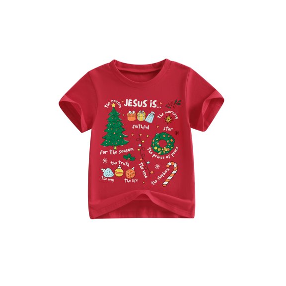 Cjfdfy Toddler Baby Boys Girls Christmas Shirt Christmas Tree Wreath Print Short Sleeve Summer Tops Jesus Is The Reason For The Season Christian Holiday Tee 2-7Y