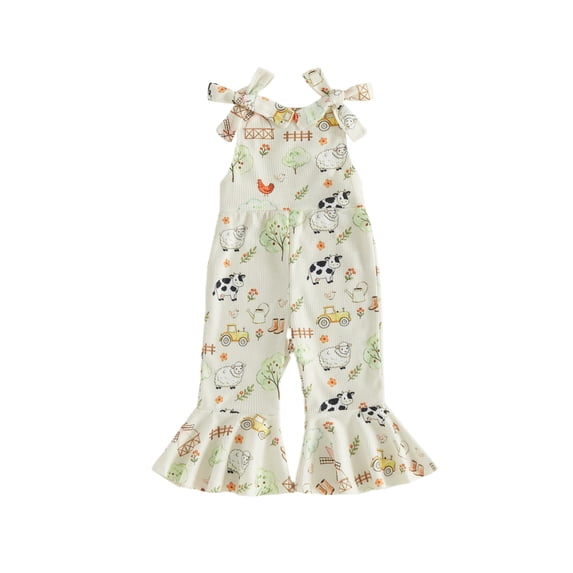 Cjfdfy Toddler Baby Cowgirl Fall Jumpsuit Sleeveless Bow Shoulder Animal Print Romper Bell Bottoms Toddler Rodeo Outfit Farm Clothes Little Girl Cute Farm Fall Winter Overalls