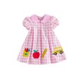 thumbnail image 1 of Cjfdfy Toddler Baby Girl Back to School Dress Kindergarten Outfit Kids Baby Girls First Day of School Outfit Summer Fall Apple School Bus Embroidered Short Sleeve Doll Collar Plaid Pleated Dress, 1 of 9