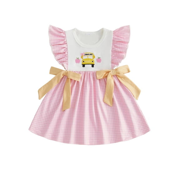 Cjfdfy Toddler Baby Girl Back to School Dress Kindergarten Outfits Baby Girls First Day of School Outfit 2 3 4 5 6 7 Years Apple School Bus Embroidered Bows Flying Sleeve Plaid Summer Fall Dress