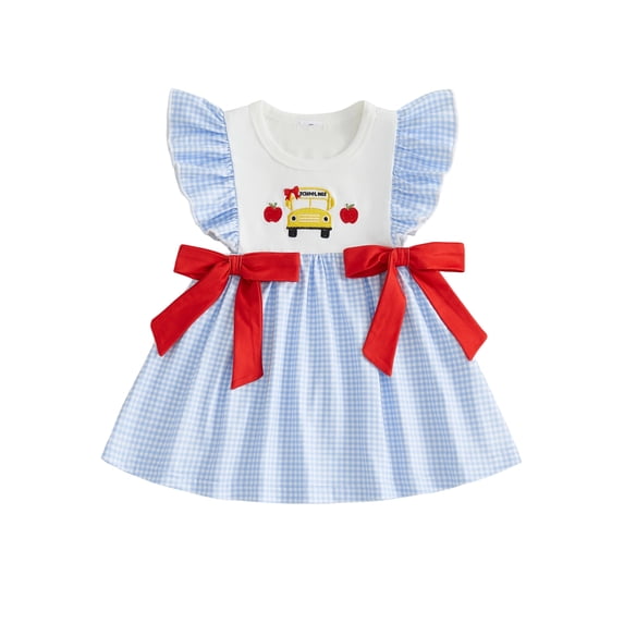 Cjfdfy Toddler Baby Girl Back to School Dress Kindergarten Outfits Baby Girls First Day of School Outfit 2 3 4 5 6 7 Years Apple School Bus Embroidered Bows Flying Sleeve Plaid Summer Fall Dress