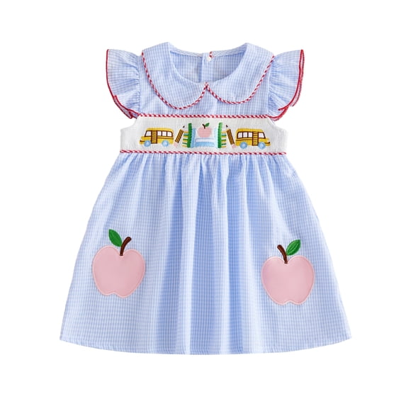 Cjfdfy Toddler Baby Girl Back to School Dress Kindergarten Outfits Little Baby Girls First Day of School Outfit Apple School Bus Embroidered Flying Sleeve A-line Summer Fall Plaid Gingham Dress