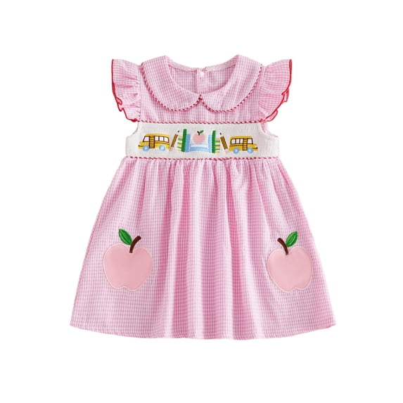 Cjfdfy Toddler Baby Girl Back to School Dress Kindergarten Outfits Little Baby Girls First Day of School Outfit Apple School Bus Embroidered Flying Sleeve A-line Summer Fall Plaid Gingham Dress