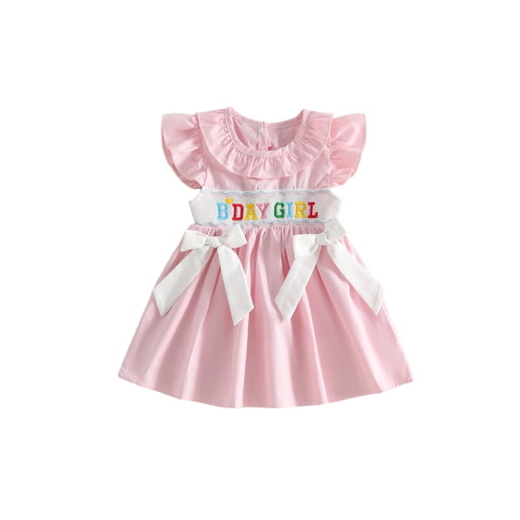 Cjfdfy Toddler Baby Girl Birthday Dress 1 2 3 4 5 Years Birthday Girl Outfit Baby Girls Summer Pink Smocked Dress Cake Letters Embroidered Ruffled Trim Crew Neck Flying Sleeve A Line Dress