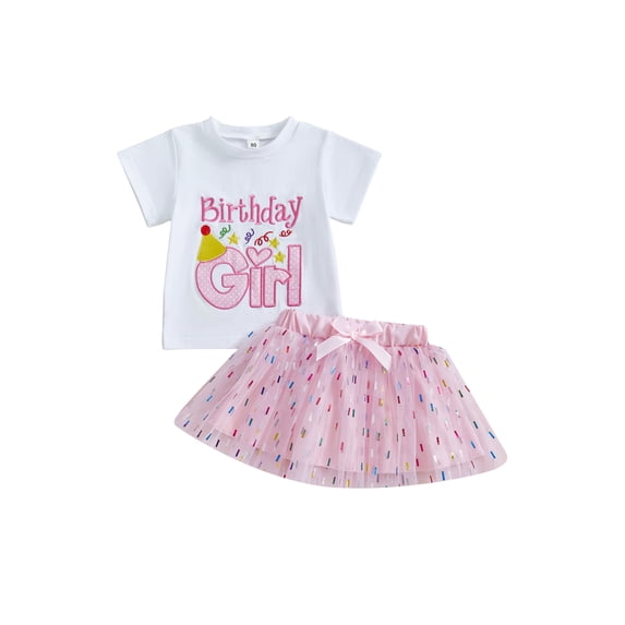 Cjfdfy Toddler Baby Girl Birthday Outfits Little Girls Summer Fall Birthday Clothes 6 12 18 24 Months 2 3 4 5 Years Short Sleeve Letter Embroidery T Shirt Tops and Tutu Skirt Set