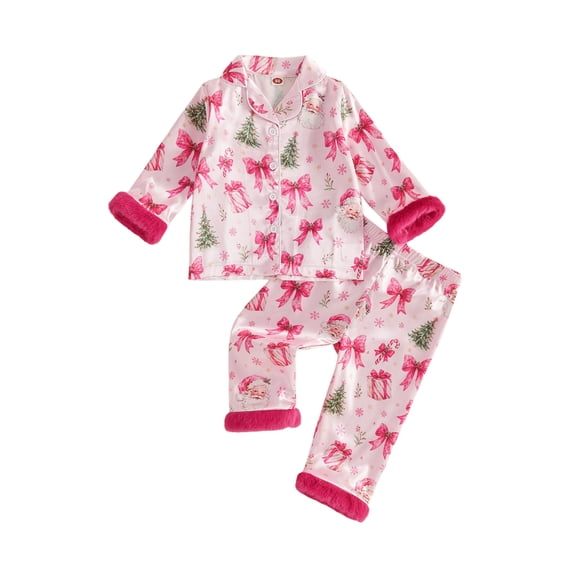 Cjfdfy Toddler Baby Girl Boy Christmas Satin Pajamas Santa Claus Bow Print Long Sleeve Tops and Pants With Fuzzy Fur Trim Kids Cute My First Christmas Sleepwear 1-8Y