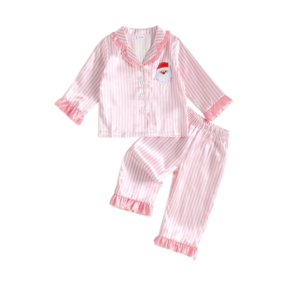 Cjfdfy Toddler Baby Girl Boy Christmas Satin Pajamas Tree Santa Claus Print Long Sleeve Ruffle Trim striped Shirt Pants Kids Baby Cute My First Christmas Holiday Sleepwear 1-6Y