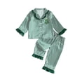 thumbnail image 1 of Cjfdfy Toddler Baby Girl Boy Christmas Satin Pajamas Tree Santa Claus Print Long Sleeve Ruffle Trim striped Shirt Pants Kids Baby Cute My First Christmas Holiday Sleepwear 1-6Y, 1 of 9
