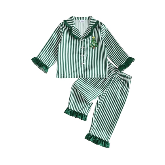 Cjfdfy Toddler Baby Girl Boy Christmas Satin Pajamas Tree Santa Claus Print Long Sleeve Ruffle Trim striped Shirt Pants Kids Baby Cute My First Christmas Holiday Sleepwear 1-6Y