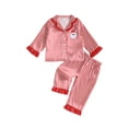 thumbnail image 1 of Cjfdfy Toddler Baby Girl Boy Christmas Satin Pajamas Tree Santa Claus Print Long Sleeve Ruffle Trim striped Shirt Pants Kids Baby Cute My First Christmas Holiday Sleepwear 1-6Y, 1 of 9