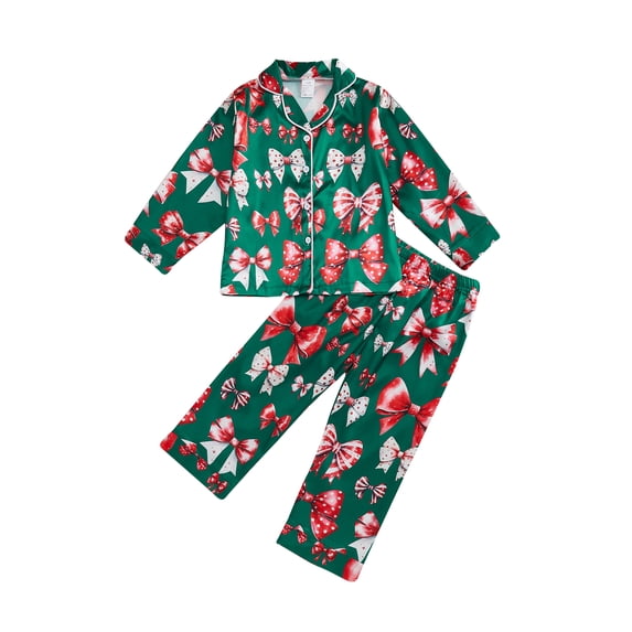 Cjfdfy Toddler Baby Girl Boy Christmas Silk Stain Pajamas Set Kids Girls PJS Set Sleepwear Fall Winter Clothes Santa Elf Bow Print Long Sleeve Button Down Shirt with Long Pants Set Loungewear 1-7Y