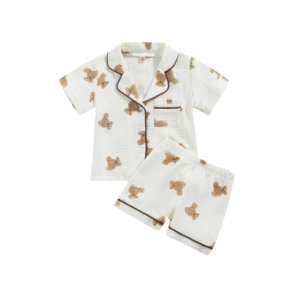 Cjfdfy Toddler Baby Girl Boy Cotton Blend Pajamas Set Kids Girls Boys PJS Set Sleepwear Summer Fall Clothes Bear Printed Short Sleeve Button Down Shirt with Shorts Set Loungewear Homewear 1-6Y