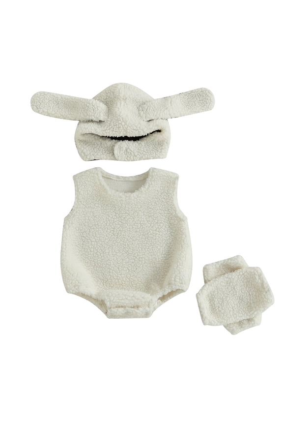 Toddler Baby Girl Boy Halloween Outfit Sheep Costumes Fleece Romper Sleeveless Romper Ears Hat Leg Warmers Infant Halloween Animal Cosplay Clothes