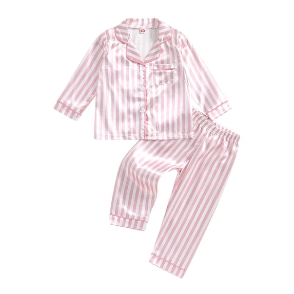 Cjfdfy Toddler Baby Girl Boy Silk Stain Pajamas Set Kids Baby Spring Fall PJS Set Sleepwear Striped Long Sleeve Button Down Shirts Tops and Long Pants Set 2 Pieces Loungewear Homewear