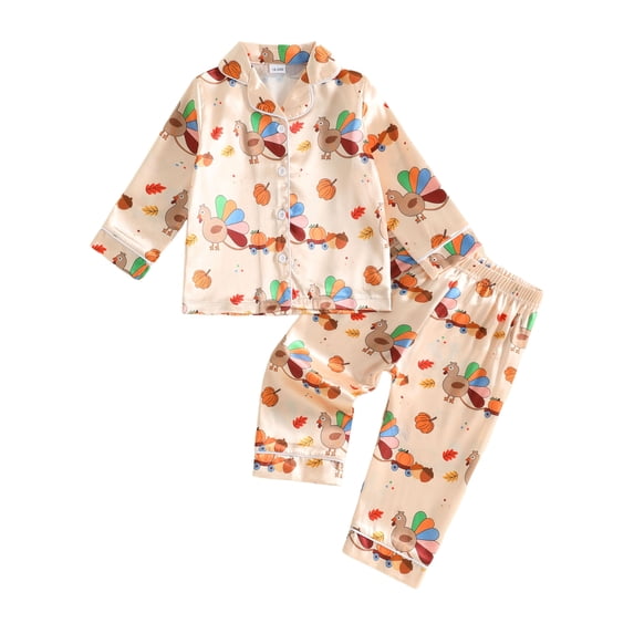 Cjfdfy Toddler Baby Girl Boy Thanksgiving Satin Pajama Set Thanksgiving Turkey Print Long Sleeve Shirt Pants Set Kid Cute My First Thanksgiving Fall Winter Loungewear 1-7 Years