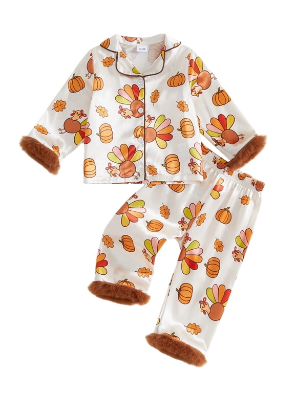 Toddler Baby Girl Boy Thanksgivingsatin Pajamas Set Turkey Print Lapel Long Sleeve Fuzzy Trim Button Up Tops Elastic Pants Cute My First Thanksgiving Fall Winter Sleepwear 1-6Y 